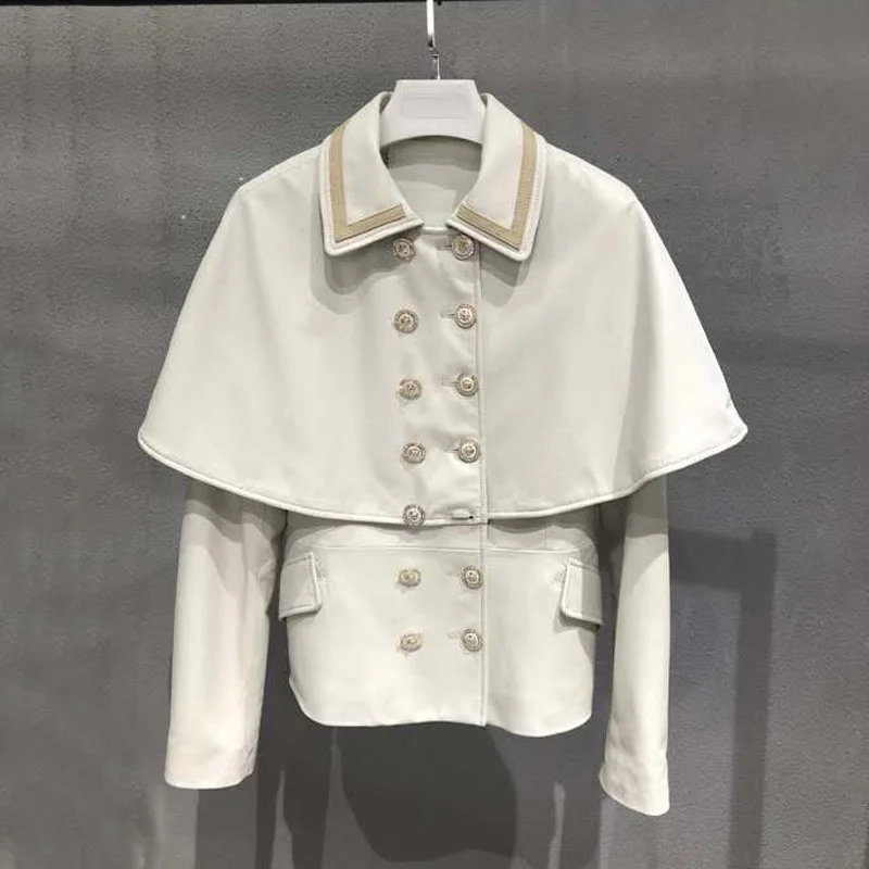 

SHZQ стильная куртка из натуральной кожи с воротником-накидкой, Новое поступление, женские пальто, короткая одежда на весну и осень, женская в...