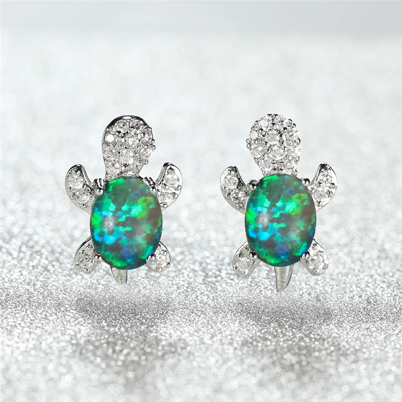 Женские Симпатичные Черепаха серьги гвоздики овальный камень зеленый опал для