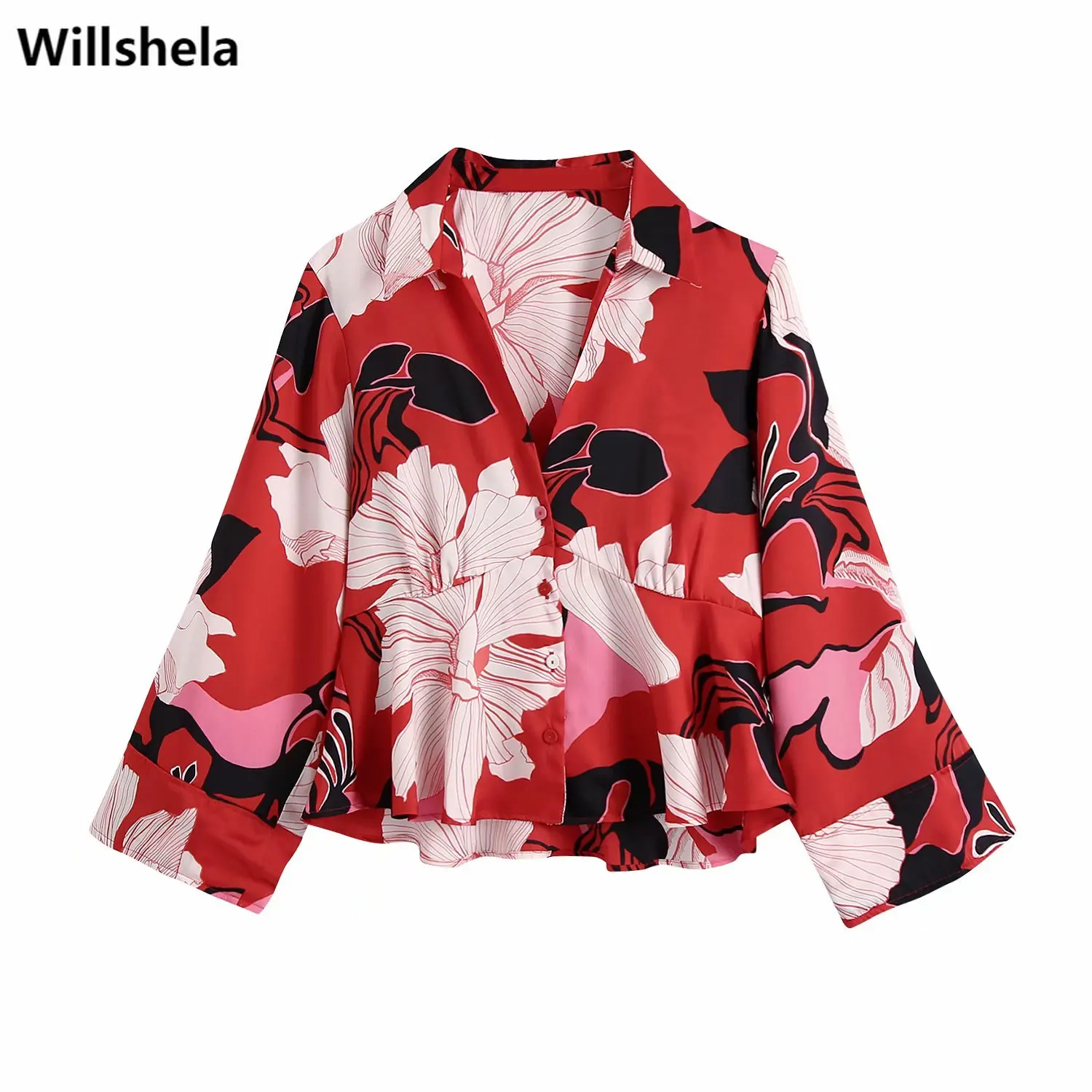 

Willshela Женская модная красная рубашка с цветочным принтом однобортный длинный рукав воротник с лацканами винтажные женские рубашки шикарны...