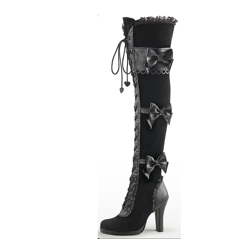 

high long bow front lace heel slim high boots