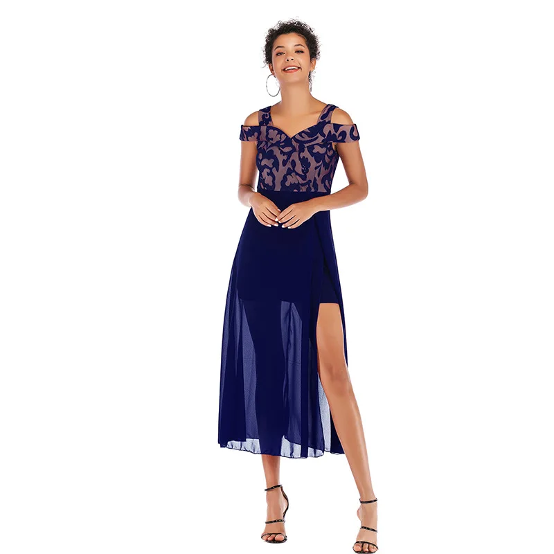 

Solid color embroidered spliced lace vests slit dress women's two-piece summer set