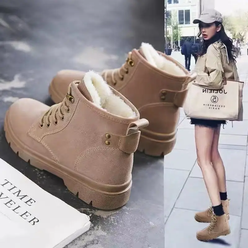 

New winter women's snow boots plus velvet fashion lace up wild warm and comfortable cotton shoes ankle light Martin boots