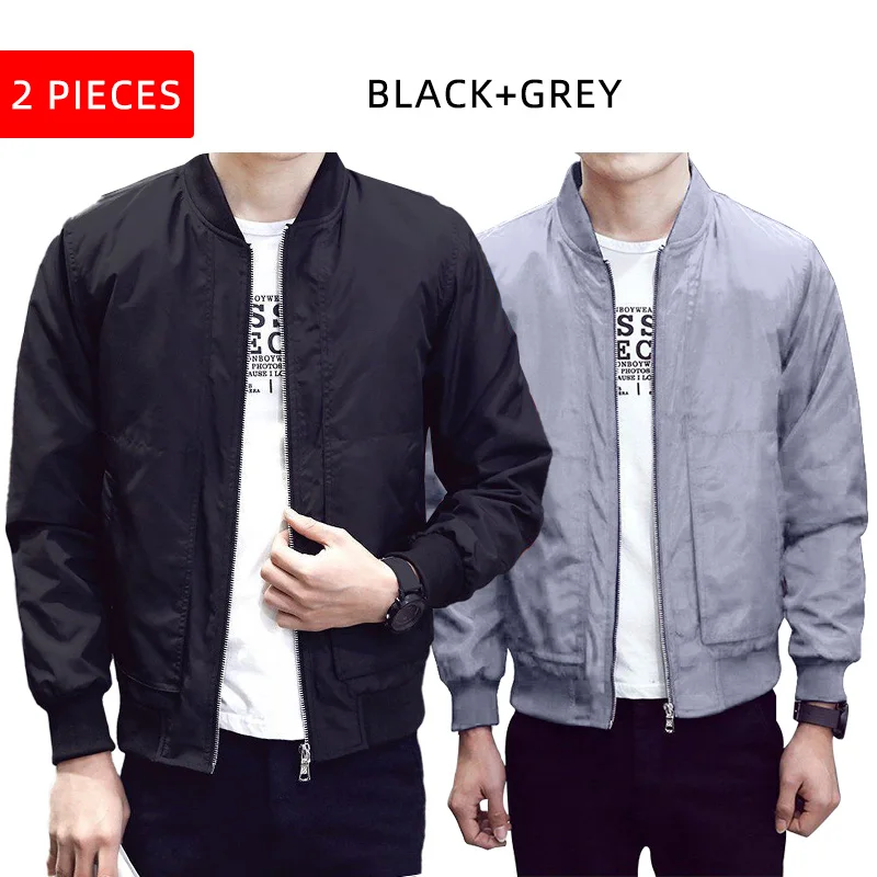 2pc Black GreyFK063 Повседневная куртка-бомбер, Мужская однотонная Модная приталенная весенняя куртка, осенняя верхняя одежда, пальто, бейсбольные куртки, мужская уличная куртка - Цвет: 2pc Black GreyFK063