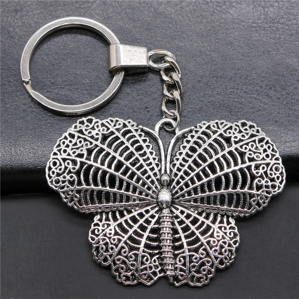 

Fashion Antique Silver Color 67x48mm Butterfly Charms Pendants Key Chain Keyring For Men & Women