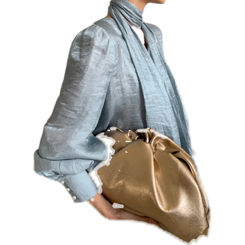 

SuperAen Spring Scarf with Elegant Silk V-neck Solid Puff Sleeve Blouse Women