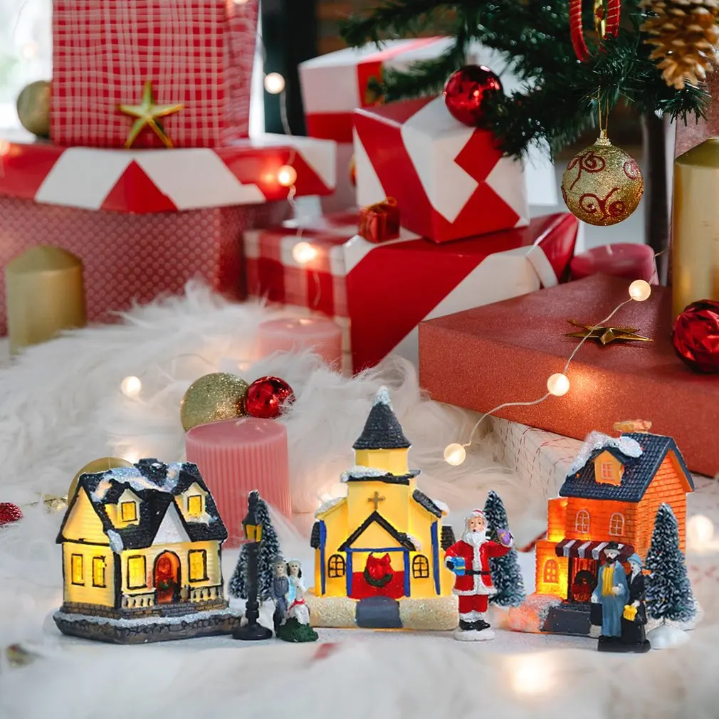 

Christmas Village Set 10Pcs Resin Christmas Scene Village LED Lighted Miniature Houses Town Christmas Village Houses Gift