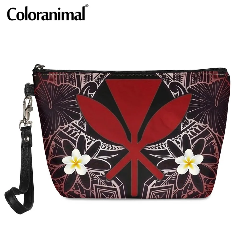 

Coloranimal Hawaii Polynesian Plumeria Printed Lady Cosmetic Case PU Leather Make up Bag for Women Functional Travel Pouch Sac