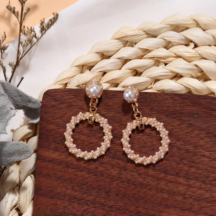 Корейские модные геометрические круглые серьги золотые висячие с искусственным