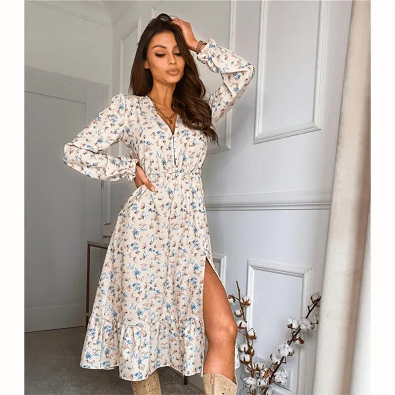 

2022 Spring Printed Women's Dress Casual V-neck Long Sleeve Elegant Dress Female Summer Beach Loose Party Fashion Clothes Lady