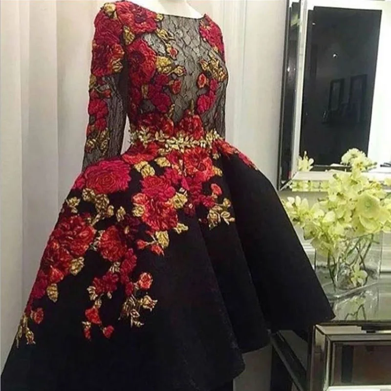 

Charming Black Embroidery Lace Long Sleeve Prom Dresses 2019 Top Quality Applique Satin Hi Lo Sheer Custom Made Evening Dress