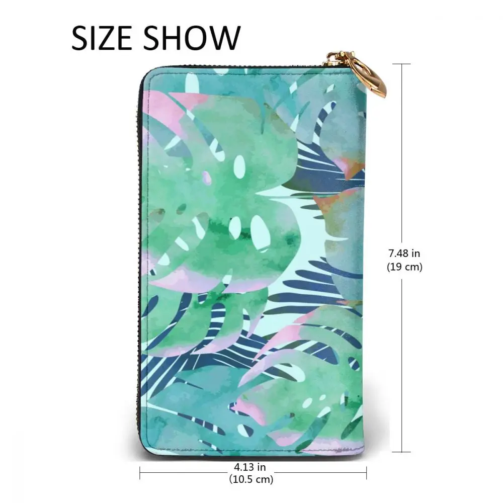 

Fashion Leather Wallet Watercolor Palm Leaves Long Zipper Wallet Clutch Bag Purse for Woman Man Girls Boys