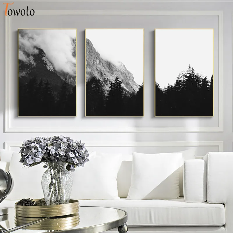 Настенный плакат с изображением черно белого леса Настенная картина туманных