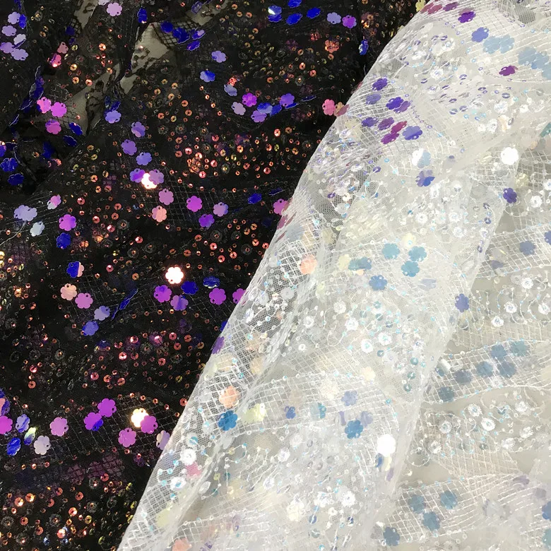 

New Wave Illusion Plum-shaped Sequins Embroidered Lace Mesh Fabric Designer DIY Women Dress Telas Tissus Au Metre 90x130cm