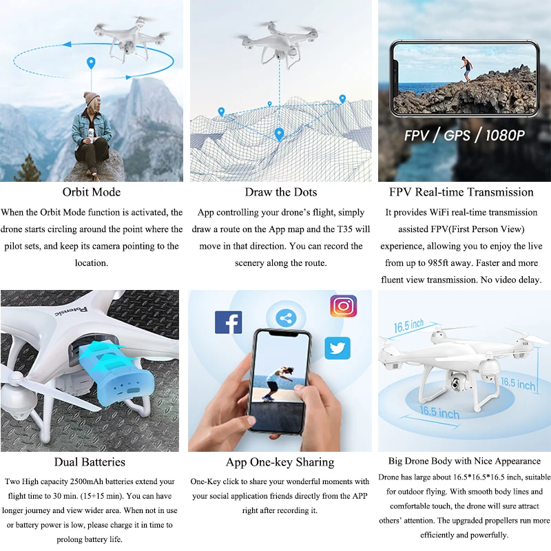 Potensic T35 2,4 ГГц Радиоуправляемый Дрон 1080P Wifi FPV HD камера удержание высоты один ключ возврат/посадка взлет Безголовый Радиоуправляемый квадрокоптер Дрон