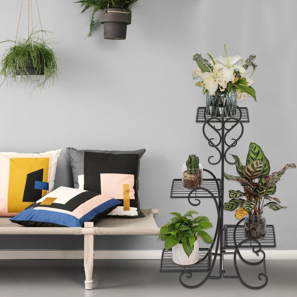 

4 Potted Square Flower Metal Shelves Plant Pot Stand Decoration for Indoor Outdoor Garden Black