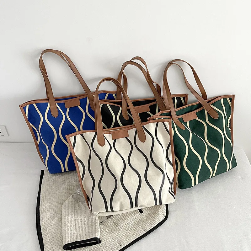 

Brand Designer Fashion Ladies Striped Contrast Canvas Shoulder Bag Large Capacity Leisure Travel Shopping Beach Tote Handbag