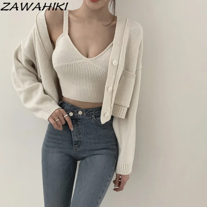 

ZAWAHIKI 2021 Spring Sexy Two-piece Suit Korea V-neck Short Office Lady Cardigan Knit Camisole Multiple Colour