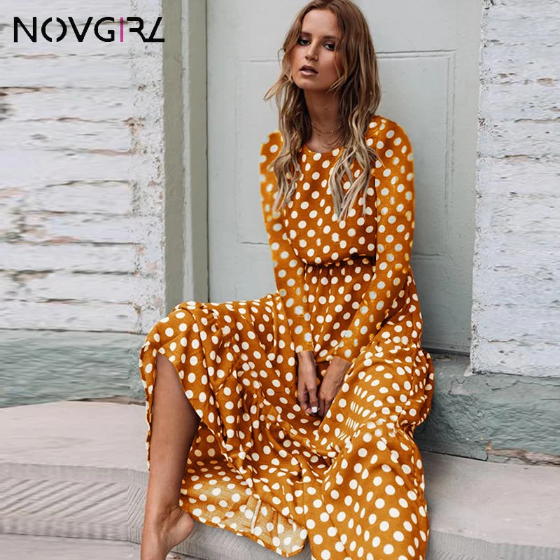 Женское длинное платье в горошек Novgirl богемное Пляжное Платье макси с длинными
