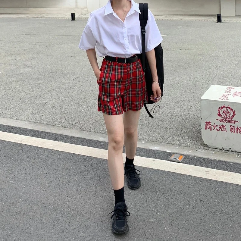 

New Women Summer Red Plaid Shorts Sexy High Waist Overalls Female Casual Fashion All-Match Shorts Gothic Girls 2021 Streetwear