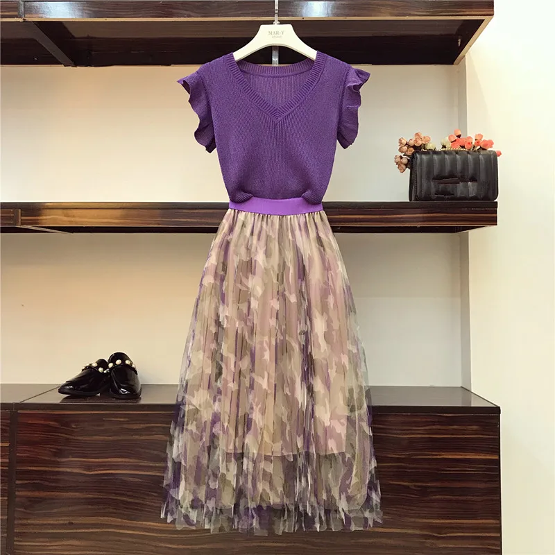 

Summer Women 2 Piece Set Fashion Violet Knitted Thin Ruffles Sweater Tops + Elegant Print Mesh Pleated Long Skirt Sets