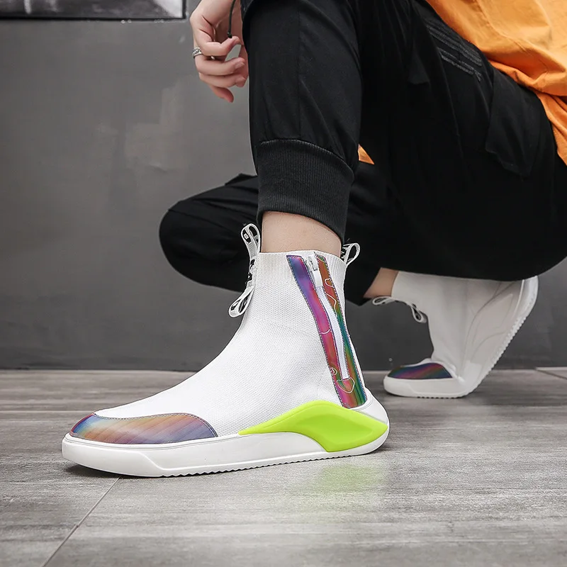 Мужские высокие вязаные туфли цветные дышащие удобная повседневная обувь модные