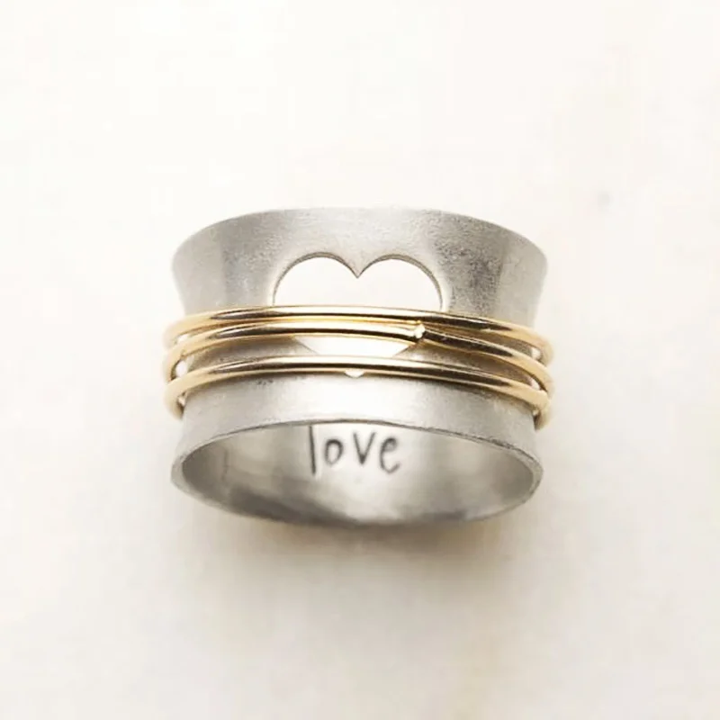 

Trendy Two Tone Hollowed Heart Design Women Men Finger Rings HipHop Rock Party Ring "love" Letter Lover's Fashion Jewelry