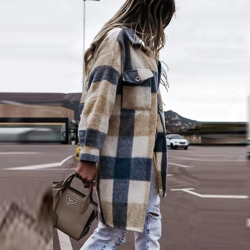 

2021 New Plaid Lapel Woolen Coat Jacket Women Autumn Long Sleeve Button Pocket Long Cardigan Office Ladies Commuter Outcoat Tops