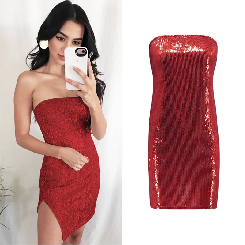 

2021 summer solid color open back tube top sequin split short dress women