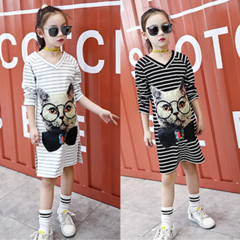 Платье для девочек 3-9 лет весенне-осеннее Полосатое с мультяшным принтом |