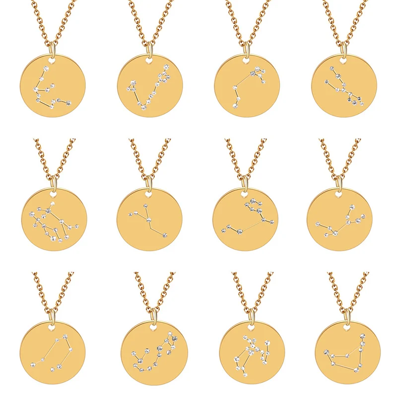 

New 12 Constellation Charm Necklaces Gold Color Rhinestone Choker Coin Necklace