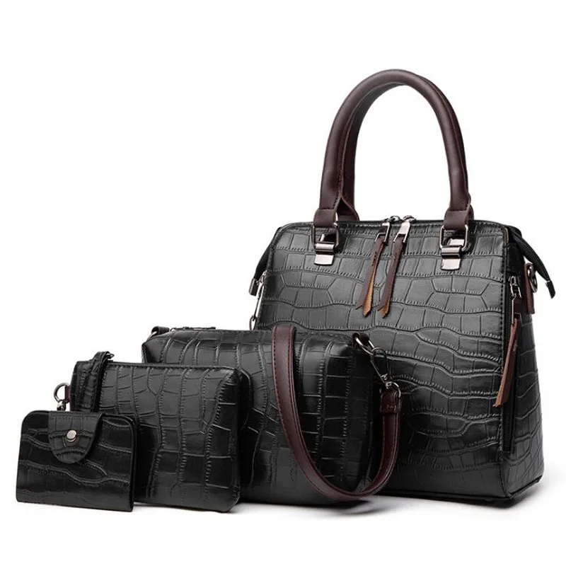 4Pcs Women Pattern Leather Handbag+Crossbody Bag+Messenger Bag+Card Package solid zipper Ladies Solid handbags set bolso mujer | Багаж и