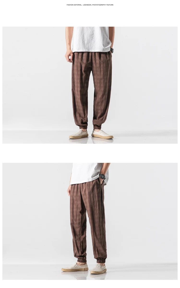 Autumn New Casual Pants Men Cotton Linen Slim Fit Grid Fashion Trousers Male Brand Clothing Plus Size 5XL Y1864