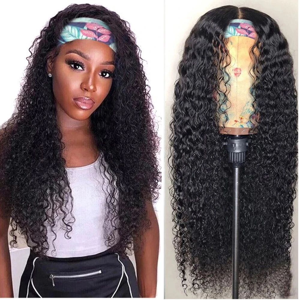 Malaysian 100% Human Hair Grip Headband Scarf Wig Deep Wave Human Hair Wig No Plucking Wigs for Black Women No Glue No Sew In