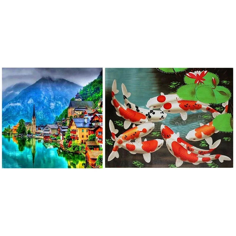 

2Set 5D Art Diamond Painting Round Full Diamond Cross Stitch Kits Embroidery Home Decoration, Nature Scenic & Koi Carp