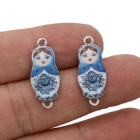 5pcs silver plated blue enamel russia toys charm connector for jewelry making earrings necklace finding diy accessories 22x8mm