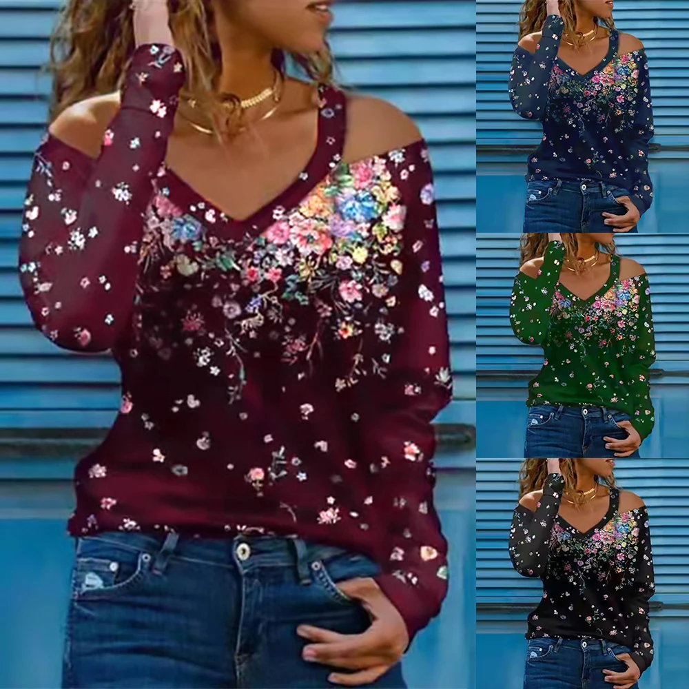 

Ажурная женская футболка с длинным рукавом и V-образным вырезом, модные повседневные осенние женские блузки с цветочным принтом, футболка, п...