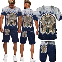 new 3d printing mens t shirt shorts suit mens sportswear o neck short sleeved wolf pattern mens printed suit beach pants
