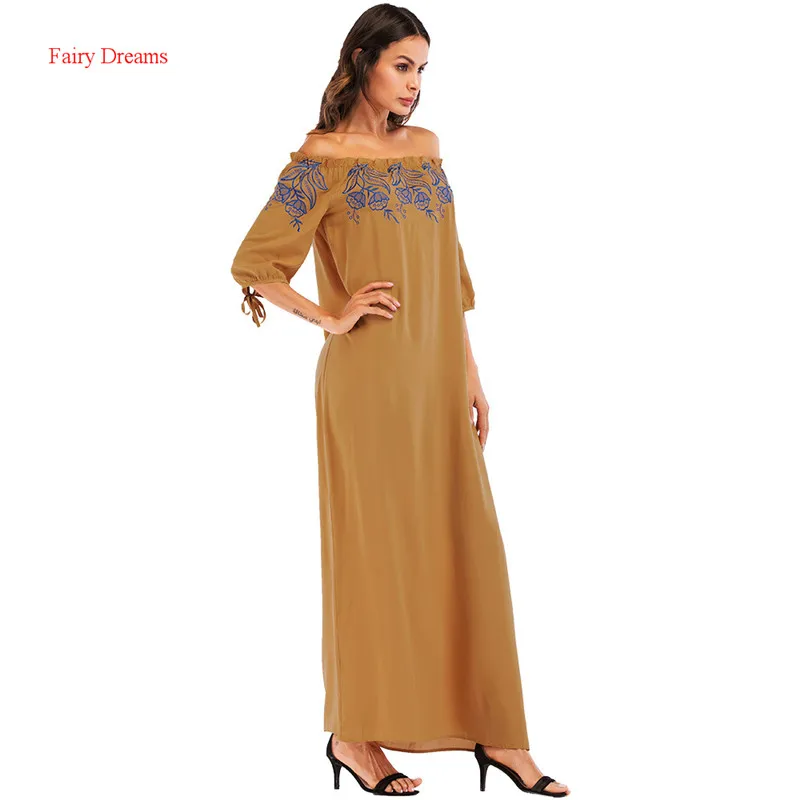 Сексуальное длинное мусульманское платье Moslim Abaya 2020 с открытыми плечами вышивкой