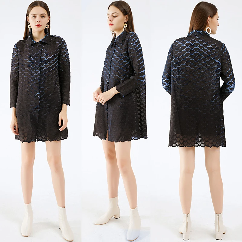 

POPOLLE2021 Spring and Autumn New Women's Skirts Waist Long-sleeved Fish Scale Folds Single-breasted Fashion Women's Clothing