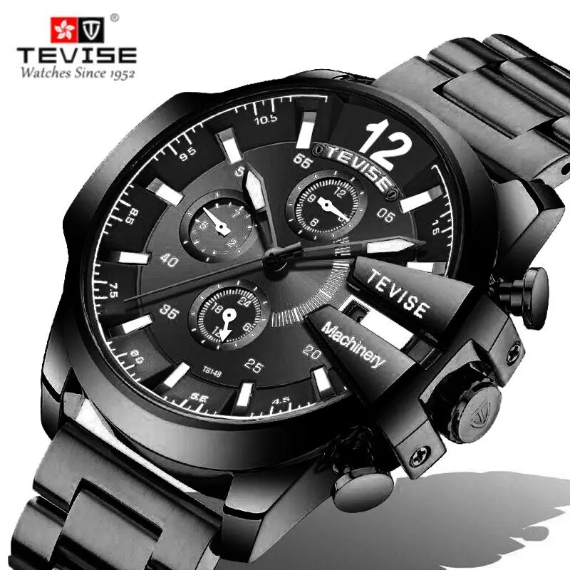 TEVISE новые роскошные стальные черные автоматические часы мужские механические