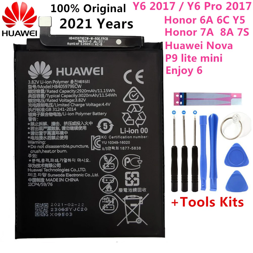 New 3020mAh HB405979ECW Battery For Huawei Nova Honor 6A 7A 7S 8A DUA-L22 DUA-LX2 Nova Smart DIG-L01 DIG-L21 DIG-L21HN + Tools