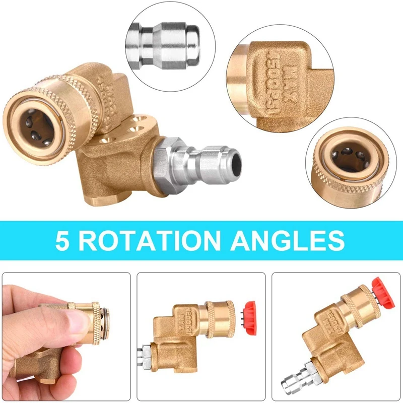 

Quick Connecting Pivoting Coupler 180 Degree with 5 Angles and Safety Lock for Pressure Washer Spray Nozzle, Max 5000 PSI, 1/4 I