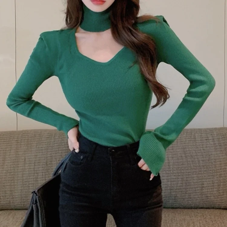 

Careful Machine High Neck Bib Slim Knit Sweater Women's Ins Design Bottomed Top C2356