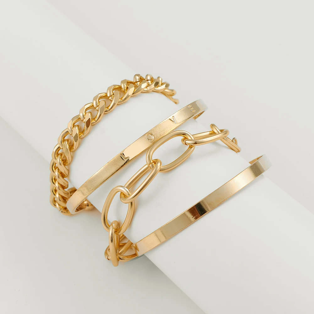 KISS WIFE 4 / PCS Punk Golden Cuban Chain Bracelet On Hand Hip Hop LOVE Многослойные браслеты Набор браслетов 2021