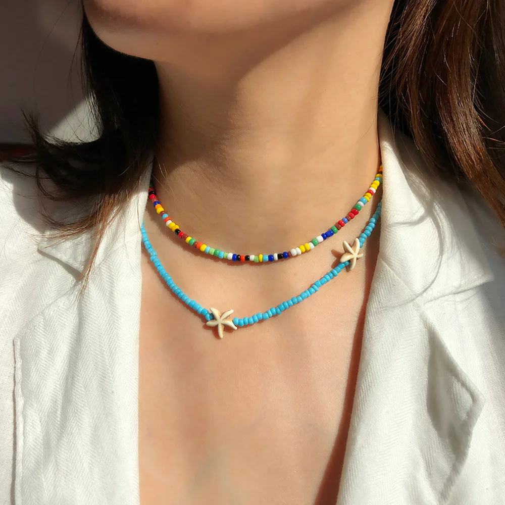 

Bohemian Colorful Seed Beads Necklace Long Horn Pendant Starfish Multi-layer Pearl Necklace Set Clavicle Chain Women Jewelry