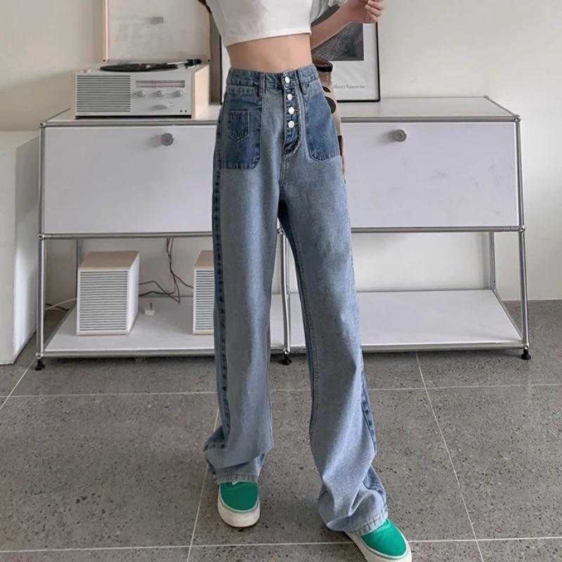 

JMPRS High Waist Jeans Loose Patchwork Single Breasted Denim Full Pants Fashion Streetwear Baggy Blue Straight Female Jeans 2021