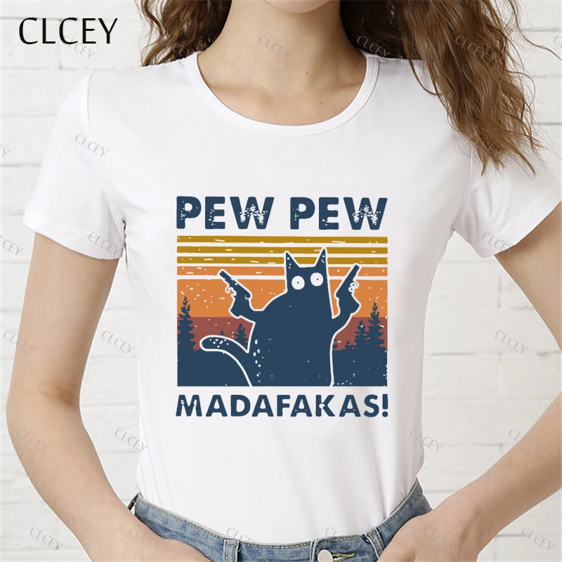 Женская футболка с коротким рукавом Pew черная в стиле ретро принтом кота Madafakas