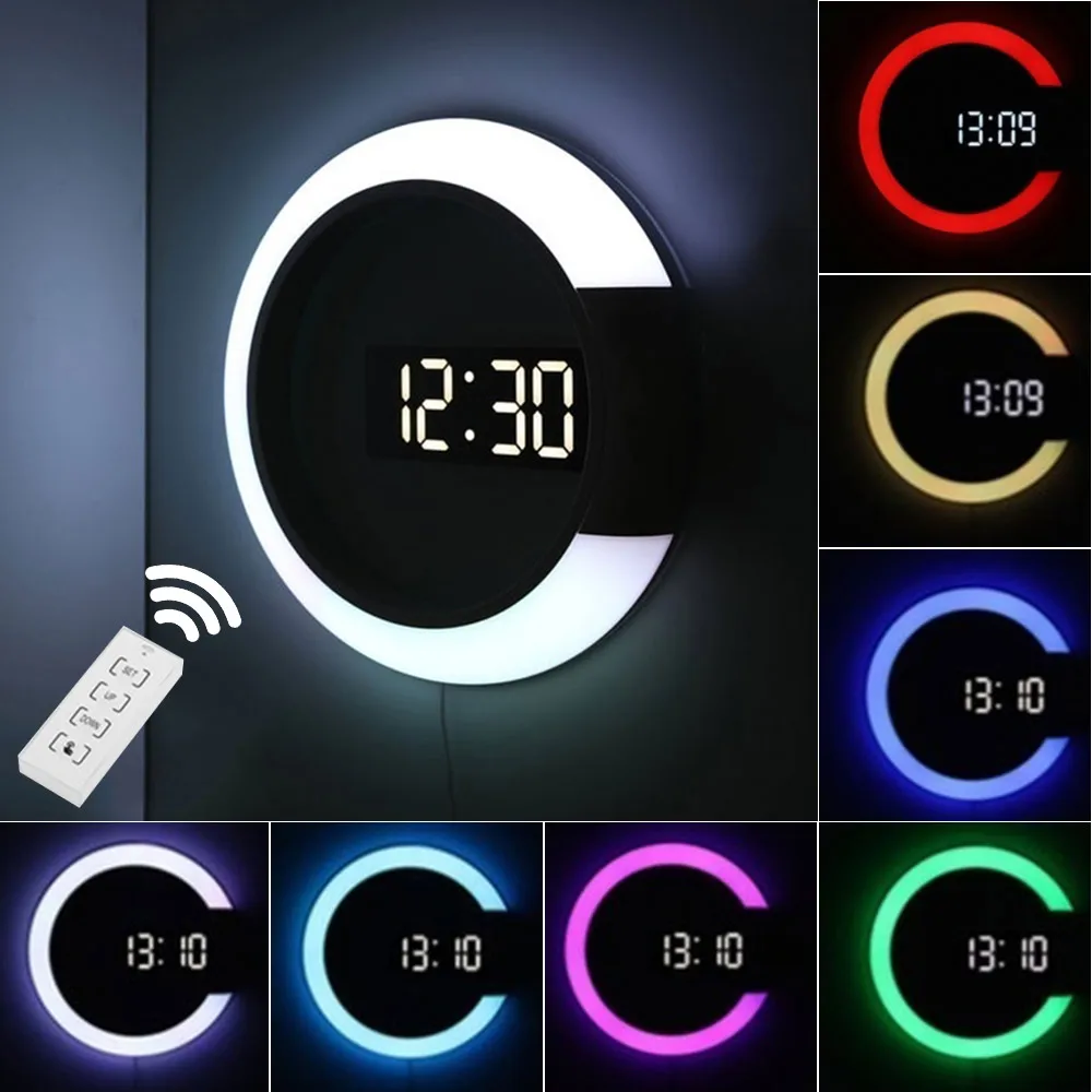 

New Wall Lamp Colock Thermometer Remote Control Colorful LED Mirror Hollow Wall Clock Ring Light Thermometer Digital Alarm Clock