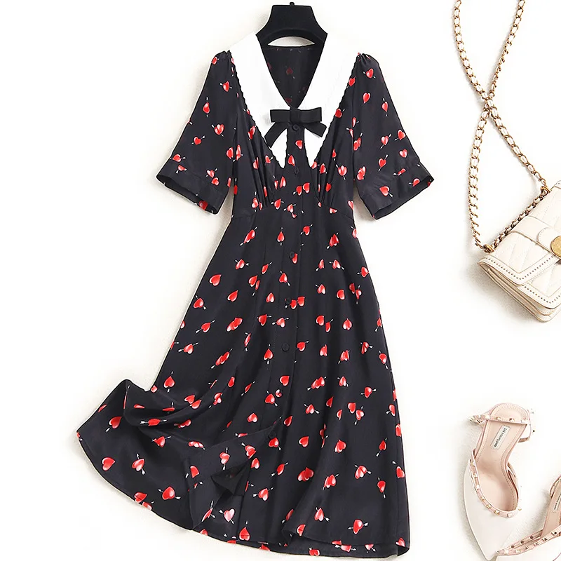 

2021 Summer Contrast High End Women V Neck Short Sleeves Heart Printed Single Breasted 100% Mulberry Silk Shell Chiffon Dress