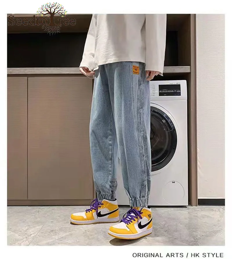Solid Color Casual Jeans Men's Korean Fashion Denim Trousers Loose Harem Pants Ankle Length Pants